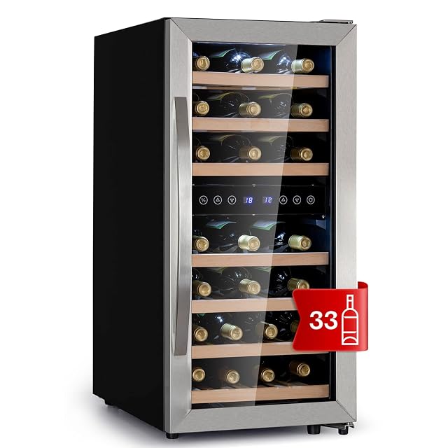 Cave à vin double zone Klarstein posée au sol 33 bouteilles avec porte vitrée